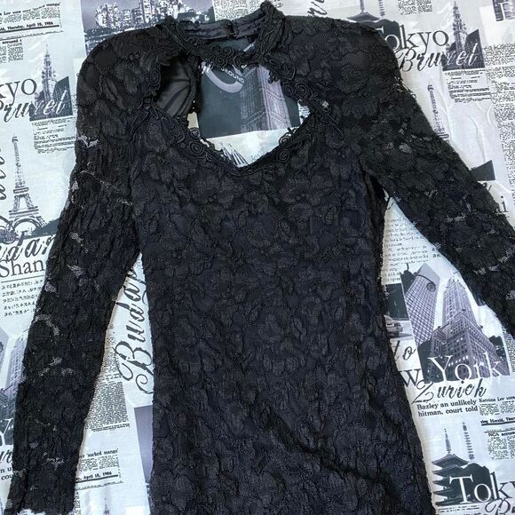 Night Way Black lace cutout vampire vampira goth midi bodycon dress vintage 80s - Picture 1 of 4